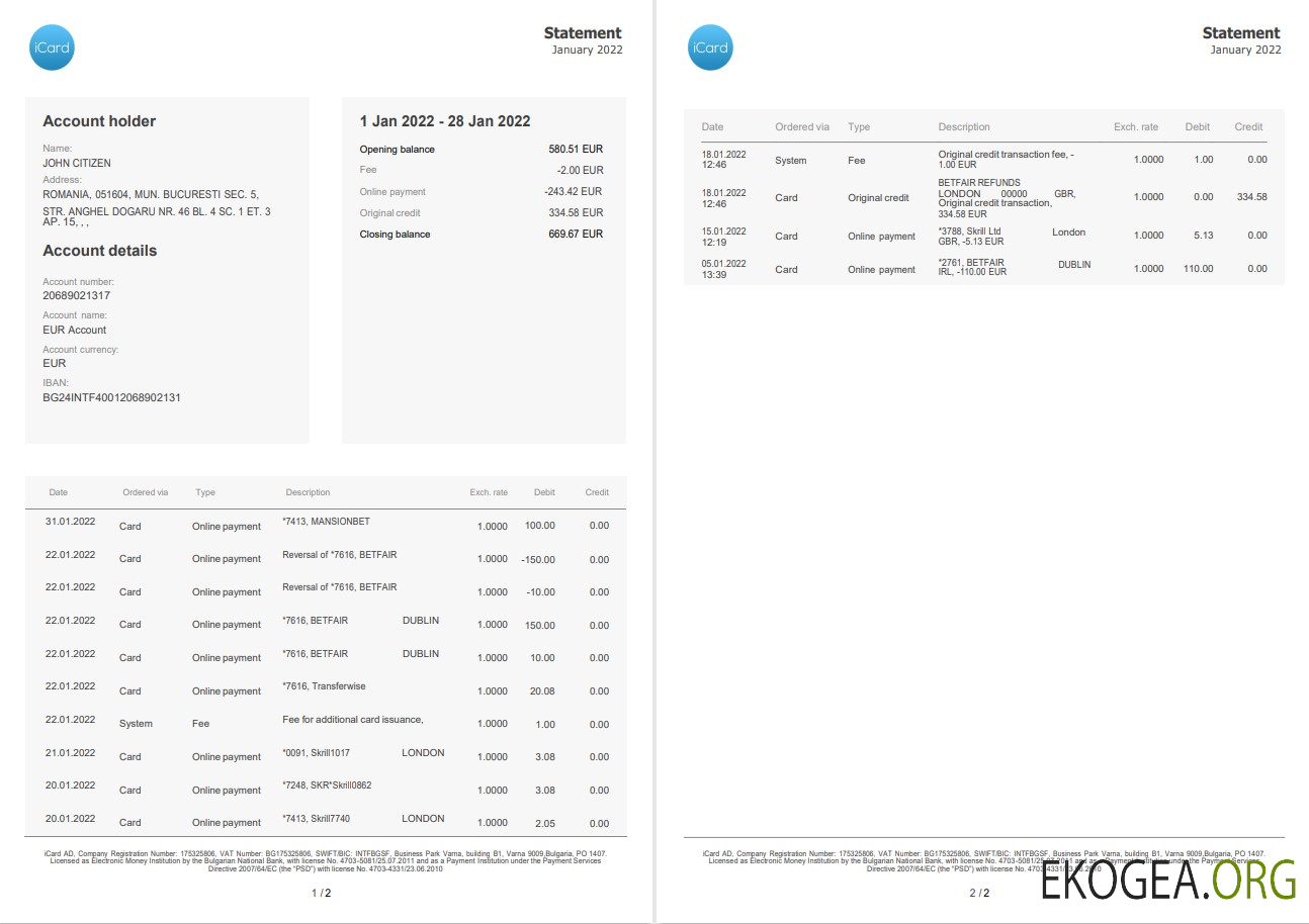 Relevé iCard Bulgarie 2 pages